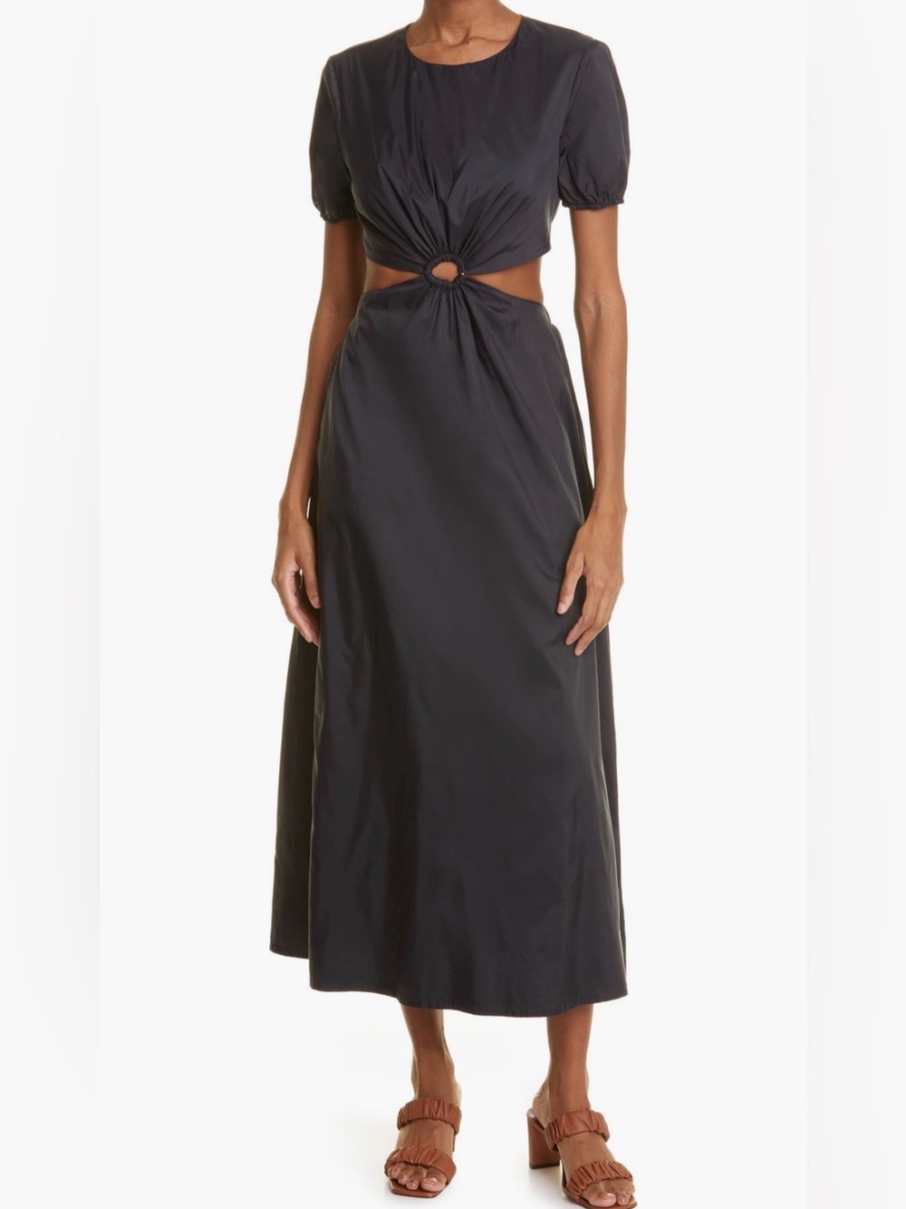 STAUD NWT Black Calypso O-Ring Waist Cutout Puff Sleeve Midi Dress